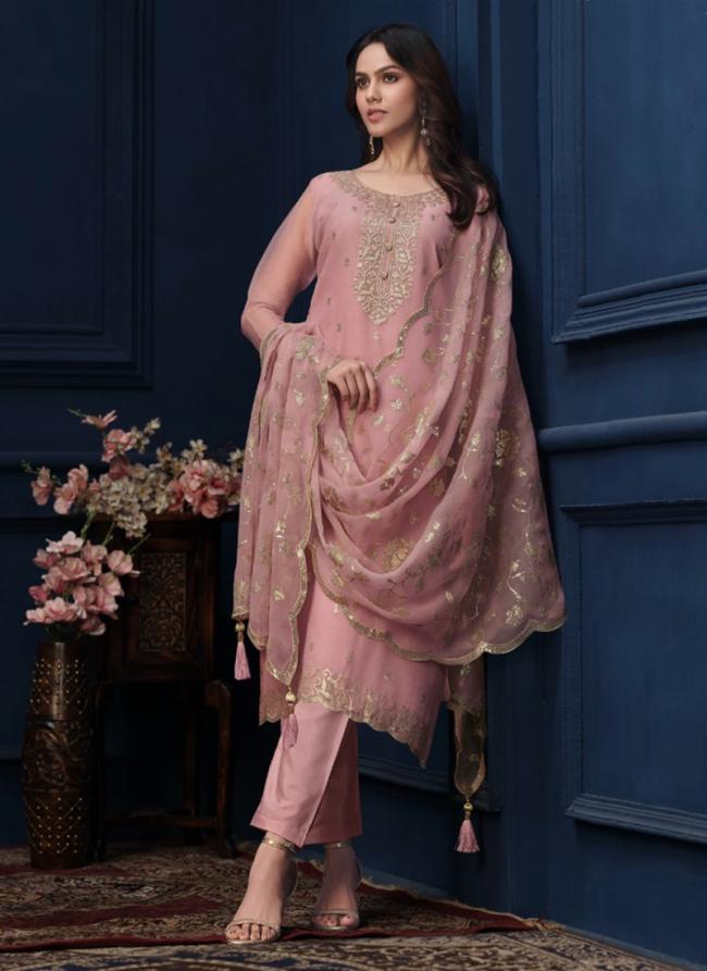 Organza Pink Party Wear Embroidery Work Straight Suit